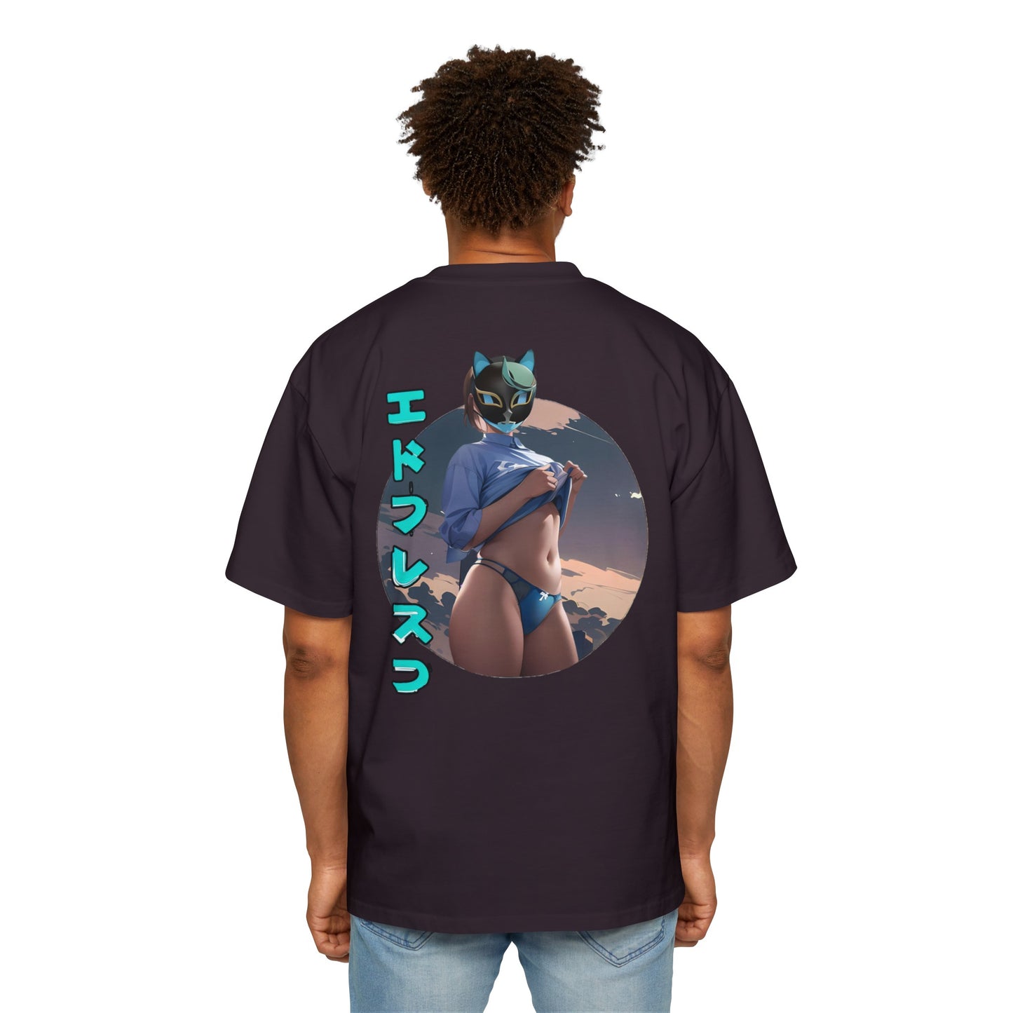 Anime Style Art Men's Heavy Oversized Tee- "Kitty Cities Finest #2"