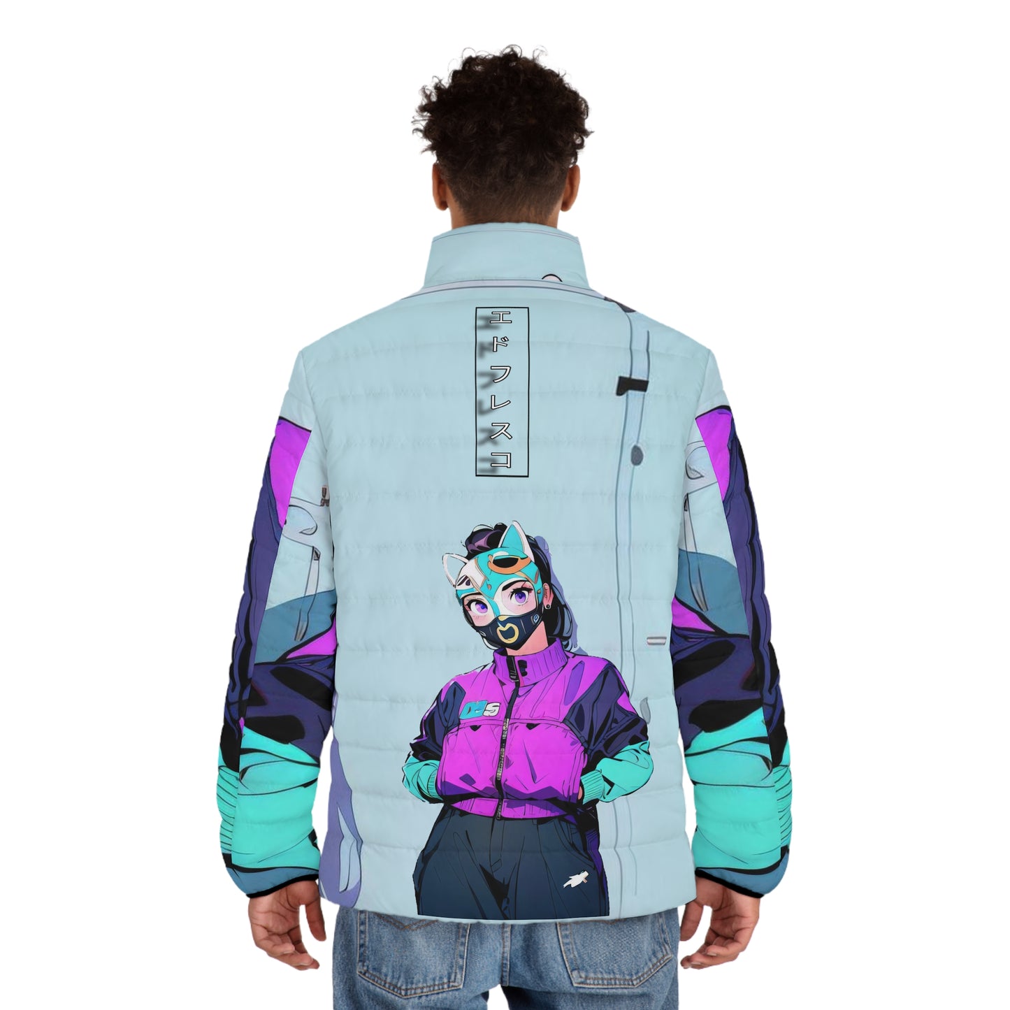Anime Style Art Men's Puffer Jacket (AOP)- "Babi Kat"