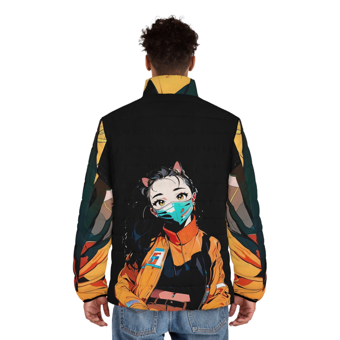 Anime Style Art Men's Puffer Jacket (AOP)- "Kat on the Attack"