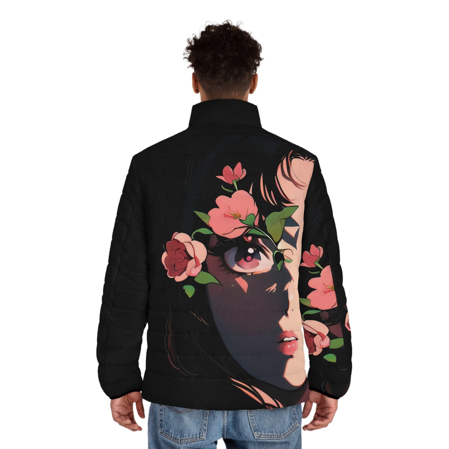 Anime Style Art Men's Puffer Jacket (AOP)- "Flower Girl"