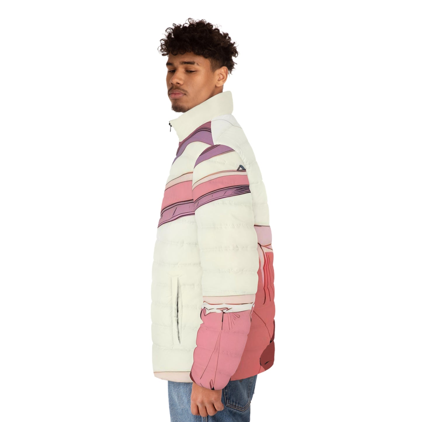 Anime Style Art Men's Puffer Jacket (AOP)- "Pink Kitty"