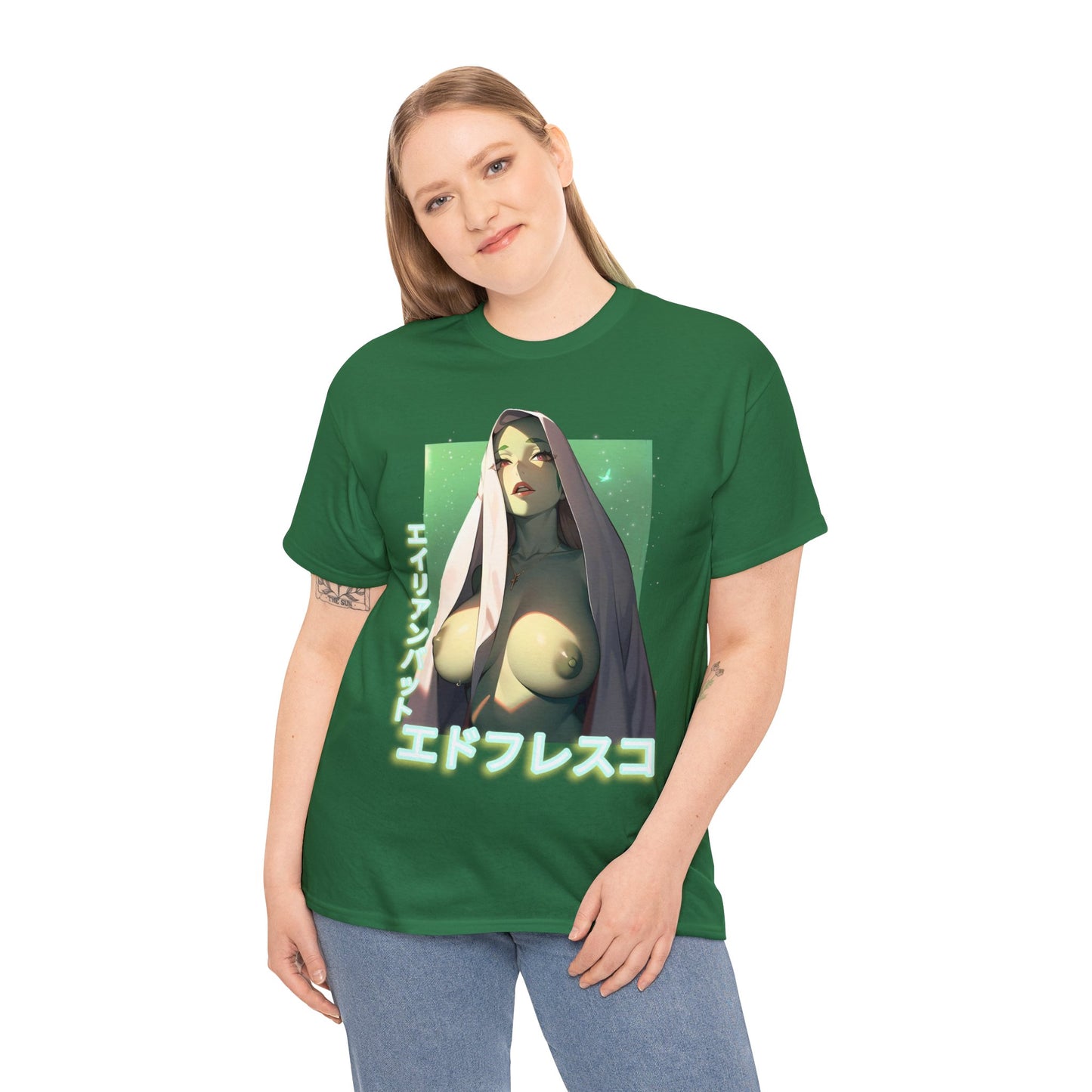 Anime Style Art Unisex Heavy Cotton Tee- "Green Invader #1"