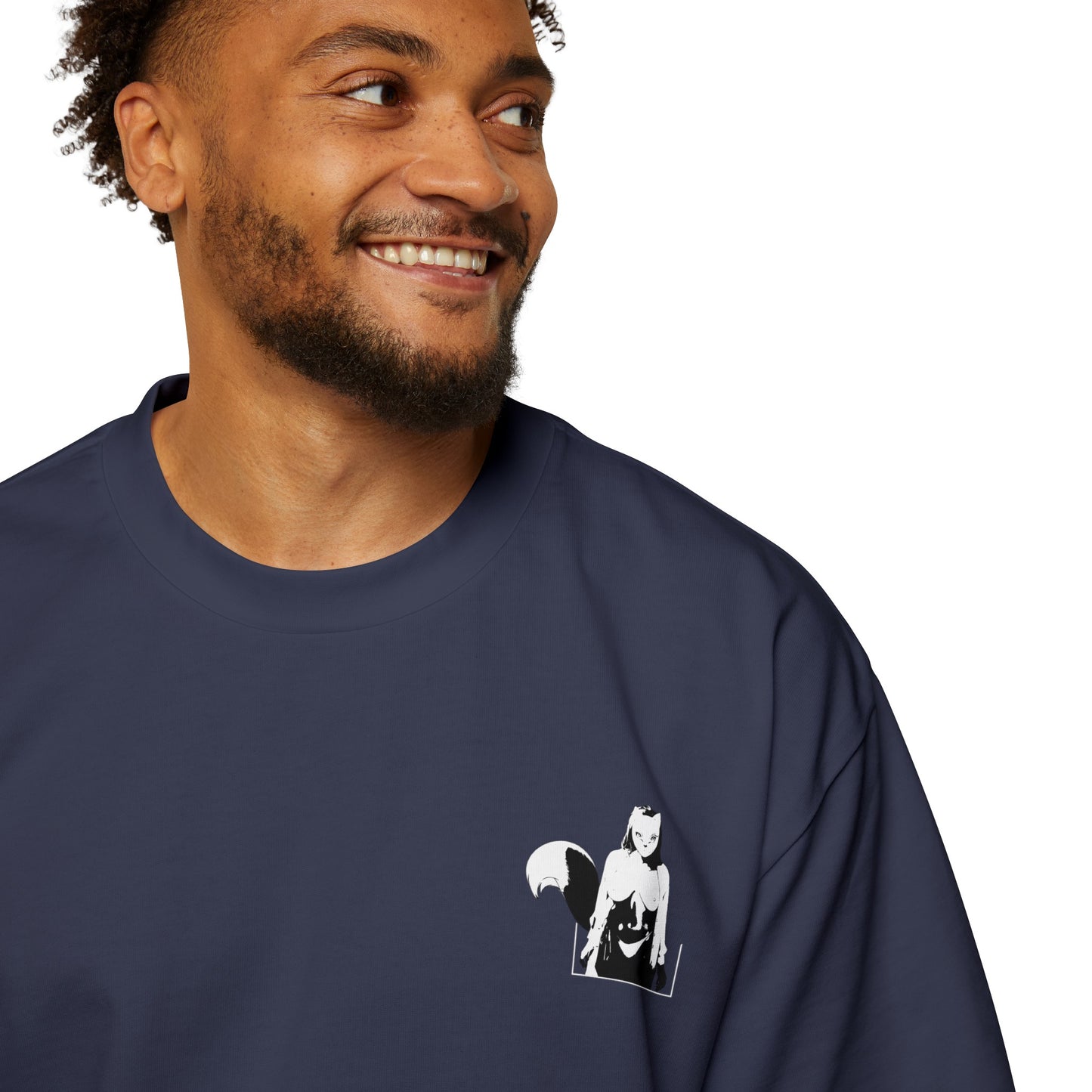 Anime Style Art Men's Heavy Oversized Tee- "Kitty Cities Finest #6 The Golden Fox"