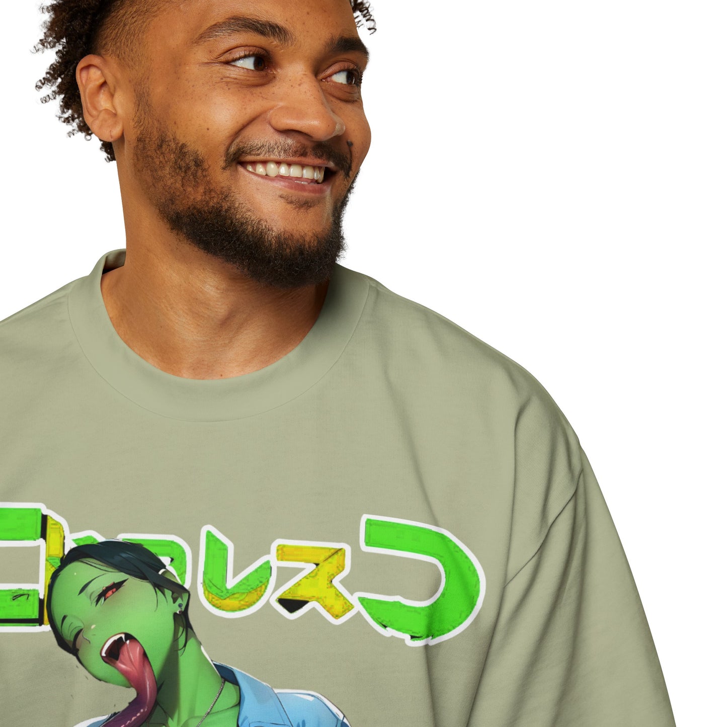 Anime Style Art Men's Heavy Oversized Tee- "Green GOAT"