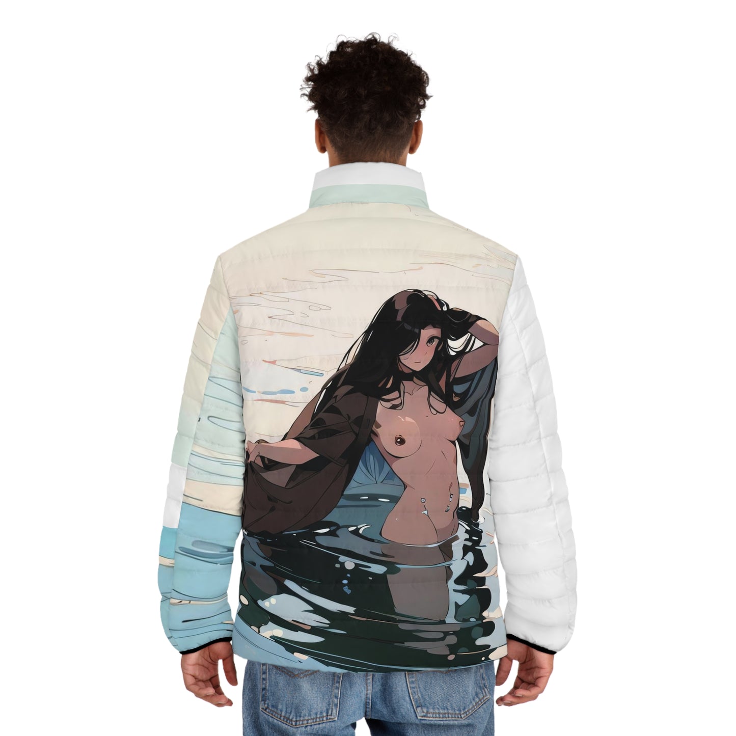 Anime Style Art Men's Puffer Jacket (AOP)- "Cheeks Wet"