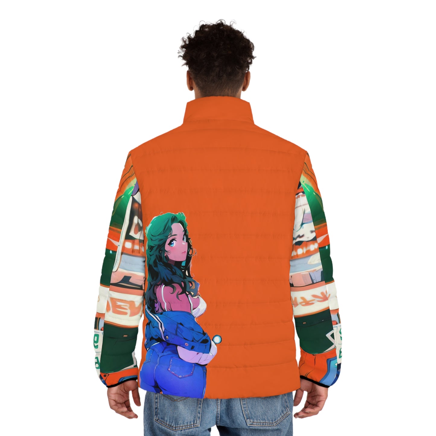 Anime Style Art Men's Puffer Jacket (AOP)- "Brat in the Arcade"