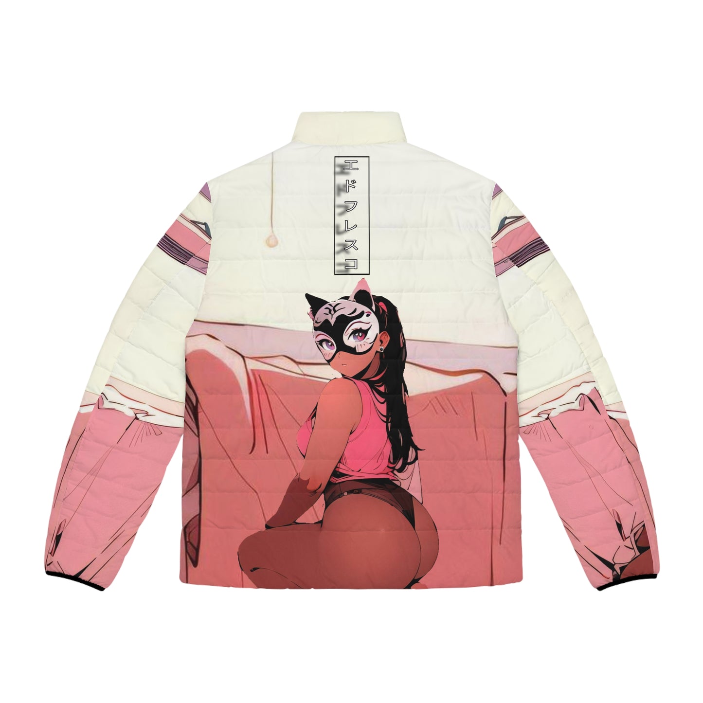 Anime Style Art Men's Puffer Jacket (AOP)- "Pink Kitty"