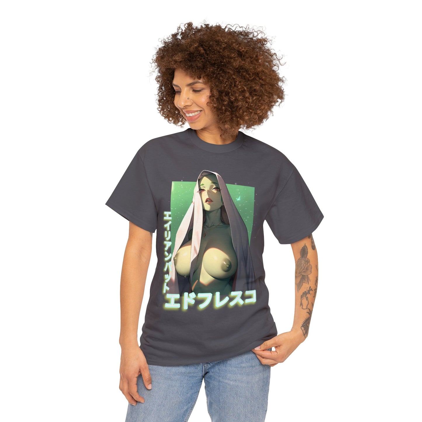 Anime Style Art Unisex Heavy Cotton Tee- "Green Invader #1"