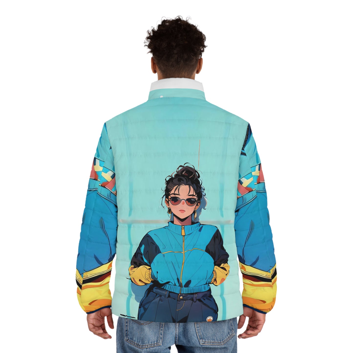 Anime Style Art Men's Puffer Jacket (AOP)- "Sporty Chick"