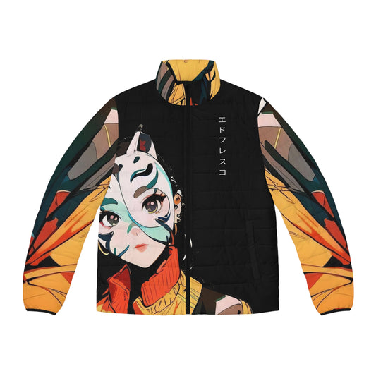 Anime Style Art Men's Puffer Jacket (AOP)- "Kat on the Attack"
