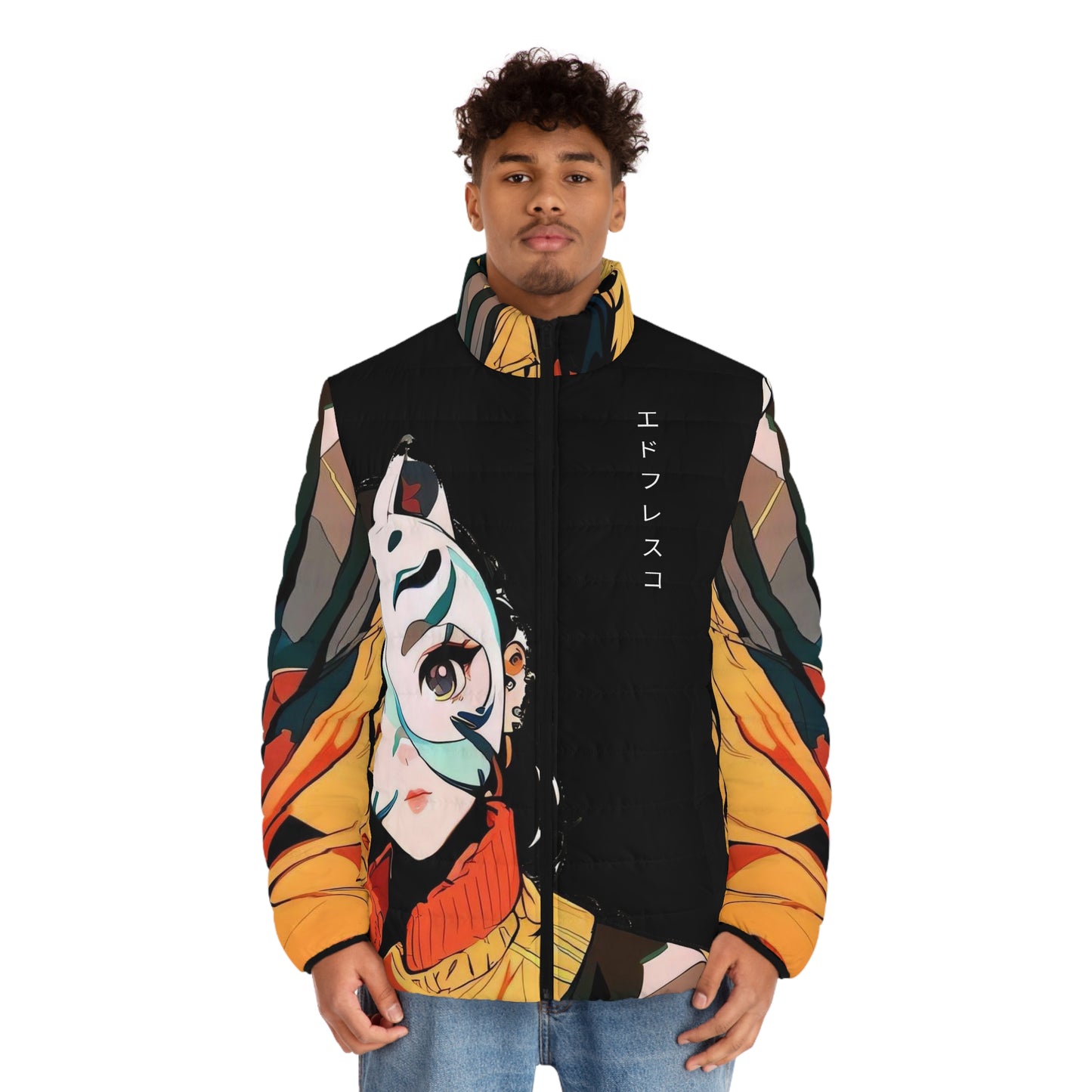 Anime Style Art Men's Puffer Jacket (AOP)- "Kat on the Attack"