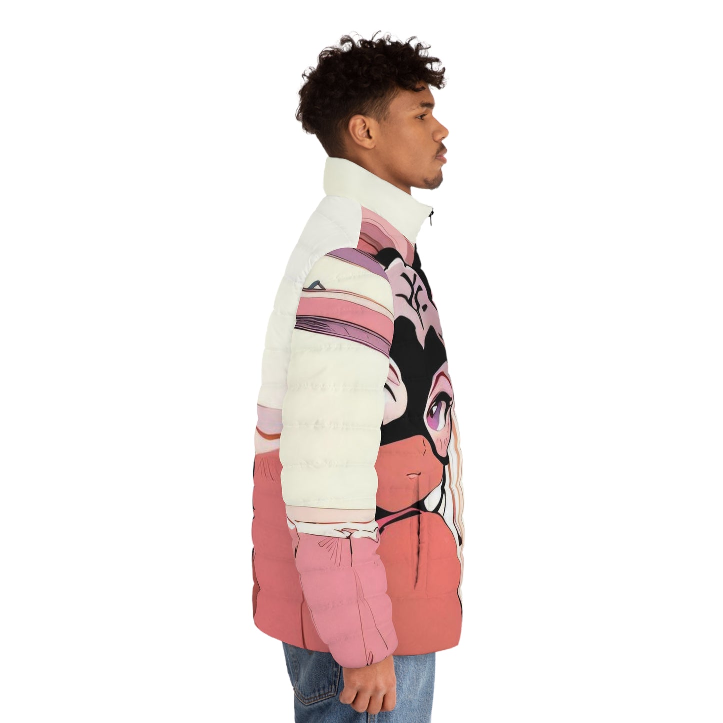 Anime Style Art Men's Puffer Jacket (AOP)- "Pink Kitty"