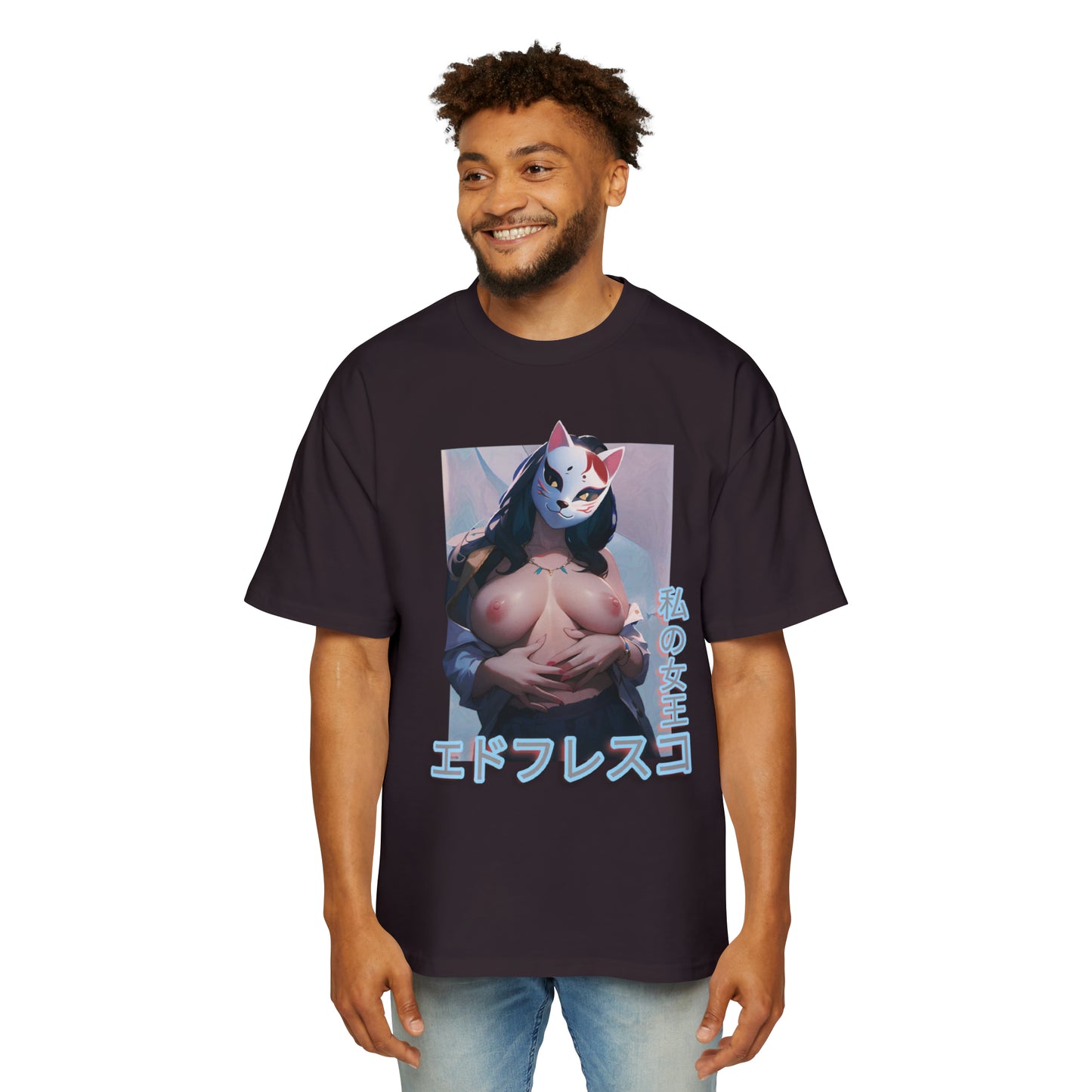 Anime Style Art Men's Heavy Oversized Tee- "Busty Kitty"