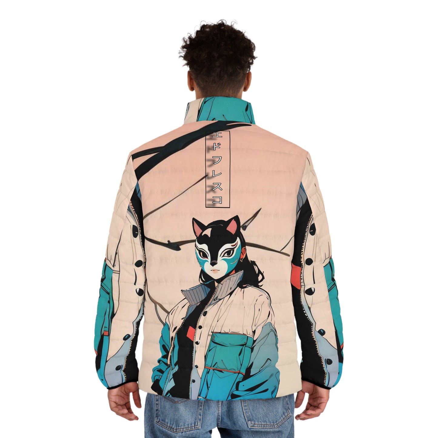 Anime Style Art Men's Puffer Jacket (AOP)- "The Stray Kat"